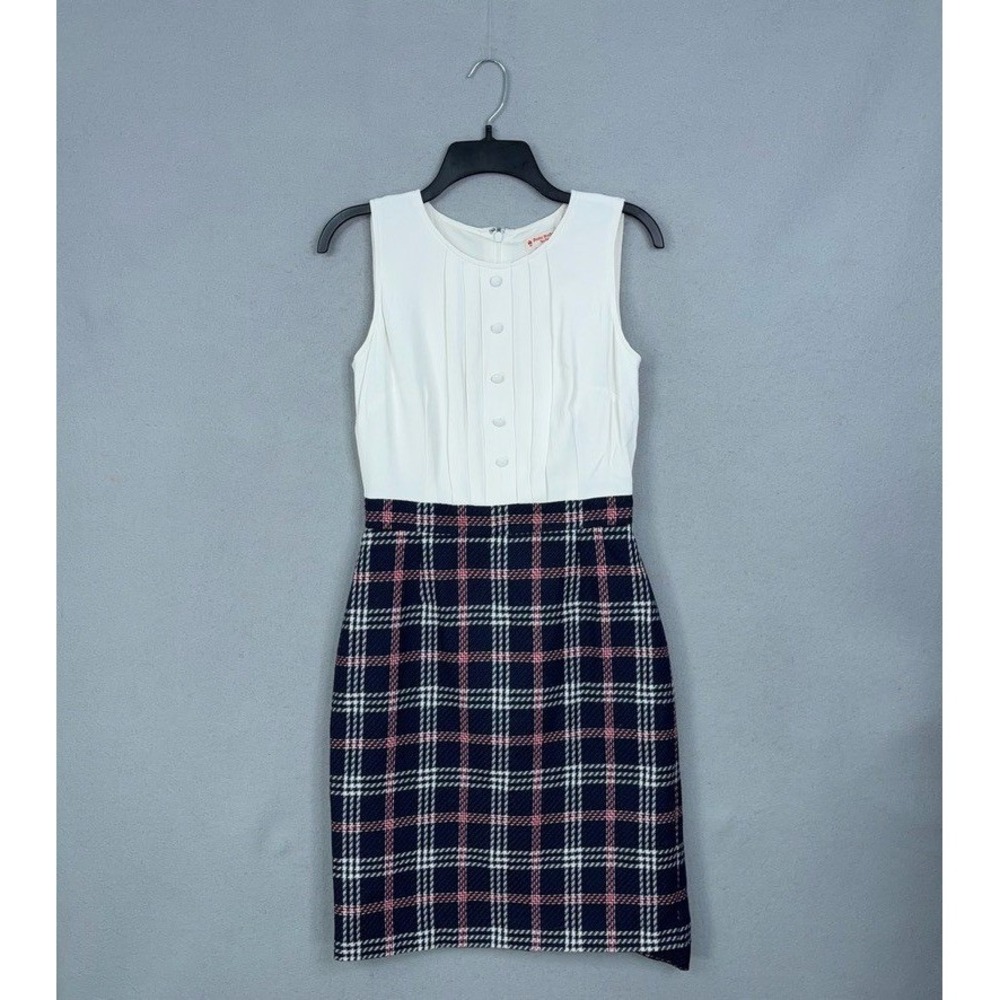Brooks Brothers Dress Womens 4 Red Fleece Sheath White Blue Plaid Wool Blend